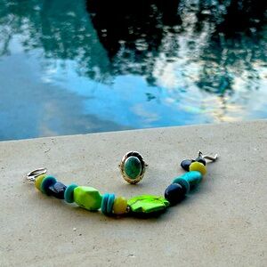 Sterling silver clasped and Green Bead Bracelet and Ring Set